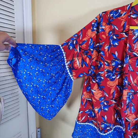 Pioneer Woman Open Cardigan blue red Kimono patriotic Flounce Sleeve S/M NWT - Picture 2 of 10